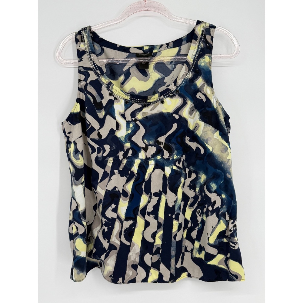 Ann‎ Taylor Womens Abstract Swirl Beaded Scoop Neck Sleeveless Blouse Navy Sz L